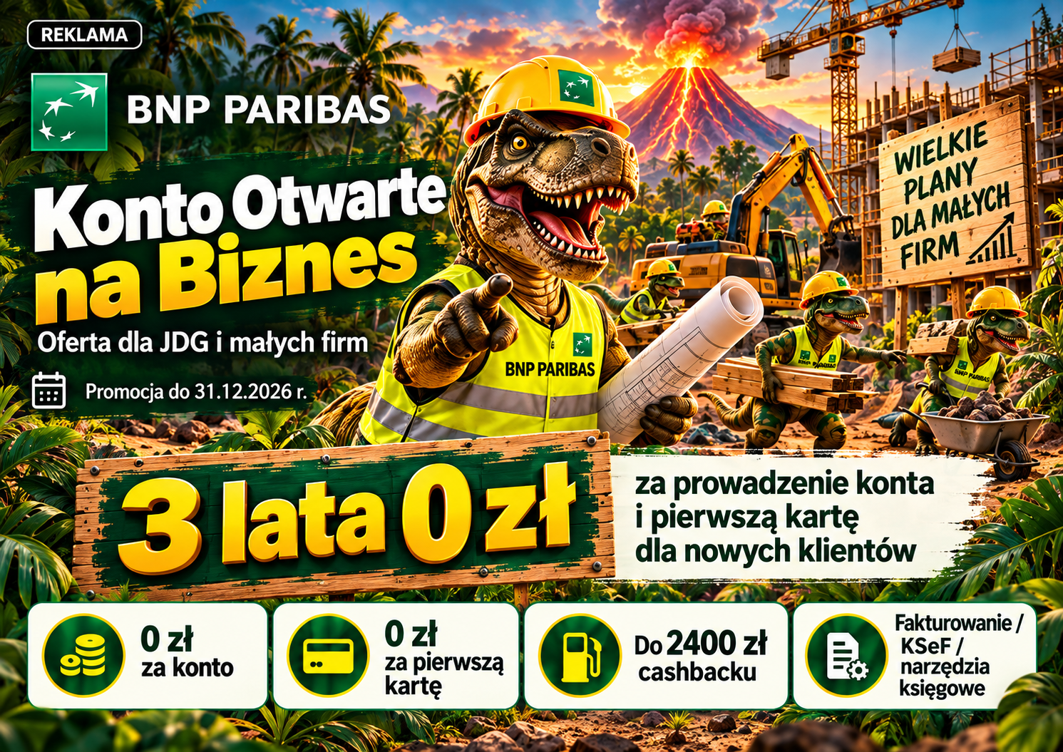 BNP Paribas Konto Otwarte na Biznes – dinozaury na placu budowy, grafika strony zbiorczej